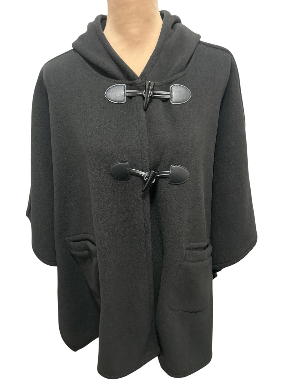 RACHEL Rachel Roy Hooded Cape Poncho One Size Med-2X Black Toggle Closure Fleece